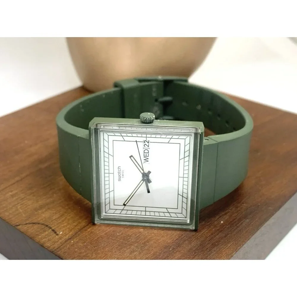 Swatch Women's Watch SO34G700 What If Swiss Quartz White Dial Green Rubber 33mm